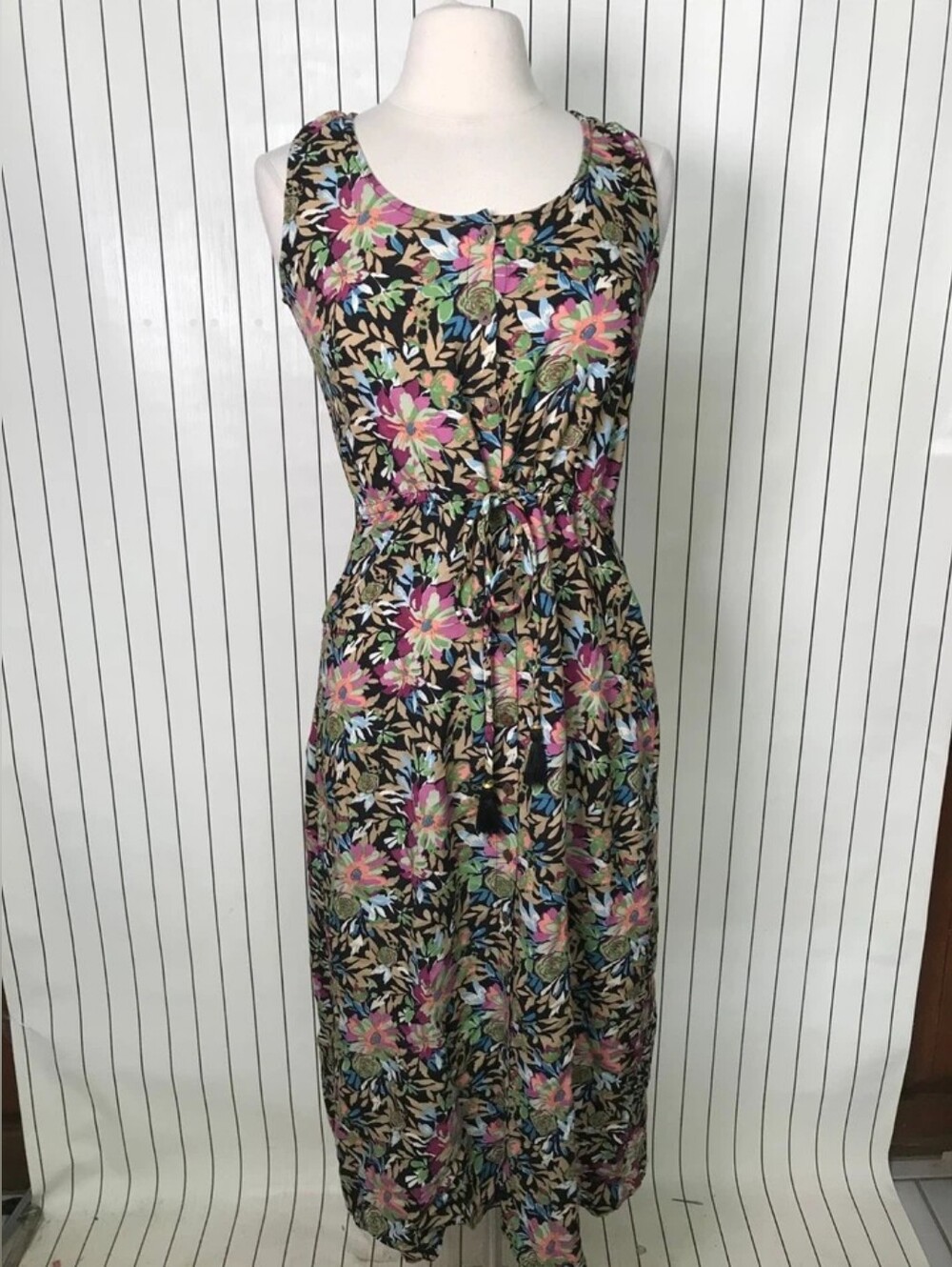 Floral Sleeveless Midi Dress in Black with Pink & Blue Flowers - Picture 1 of 4